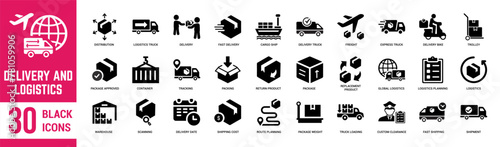 Delivery & logistics solid icons set. Logistics, cargo, delivery, container, truck, freight, shipping and package. Vector illustration