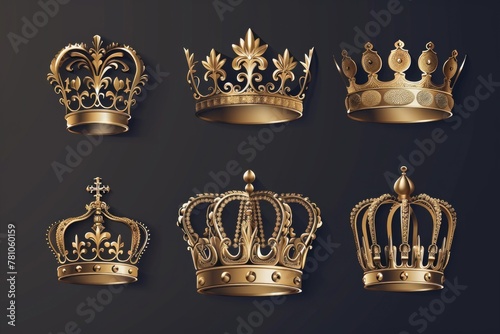 Collection of six elegant golden crowns, perfect for royal and luxury themed designs