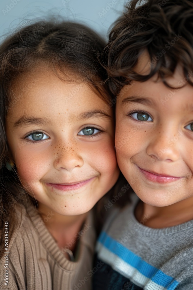Two young kids standing side by side. Suitable for family and childhood themes Two young kids standing side by side. Suitable for family and childhood themes