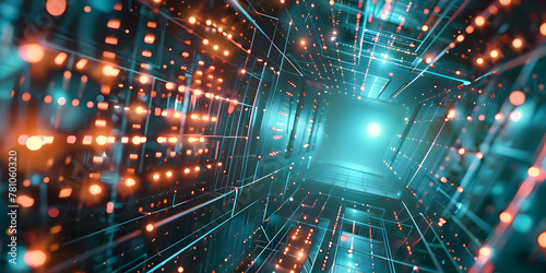 Digital transformation concept, System engineering, Binary code, Programming, A tunnel illuminated by colorful lights and glowing dots, creating a mesmerizing and futuristic atmosphere. photo
