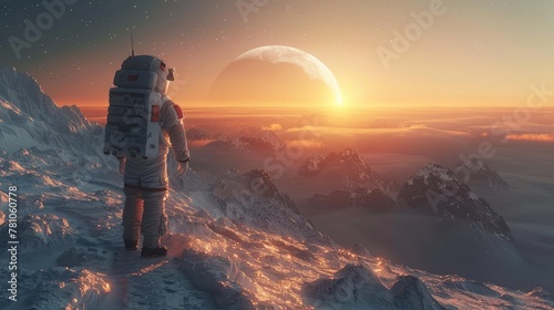 A lone astronaut stands on a rugged alien mountain range, witnessing the breathtaking sunrise beside a giant planetary horizon. Generative AI photo