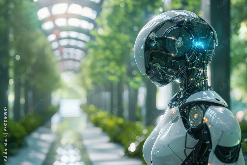 Futuristic AI interfaces and sustainable tech through the eye of high-tech. Futuristic humanoid robot with intricate head design stands in a lush green atrium, evoking advanced technology in harmony Futuristic AI interfaces and sustainable tech through the eye of high-tech. Futuristic humanoid robot with intricate head design stands in a lush green atrium, evoking advanced technology in harmony