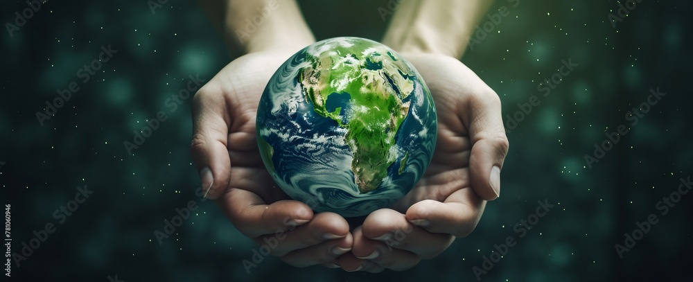 Hands holding globe glass earth with green grass field in side on blurred light nature background Hands holding globe glass earth with green grass field in side on blurred light nature background
