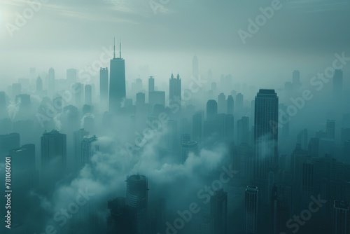 Problem of air pollution, full of small dust and PM 2.5 that affect health. Mist blankets skyscraper-filled skyline, with tallest buildings piercing through as faint silhouettes,