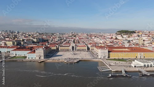Marvelous stunning European square welcomes grand visitors in Lisbon Portugal off of Tagus River photo