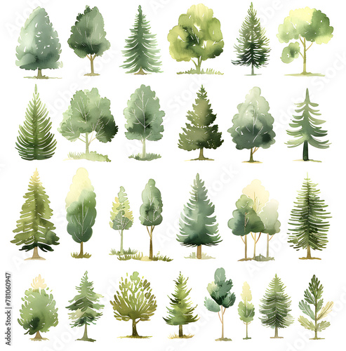 Watercolor representation of various trees on a white canvas