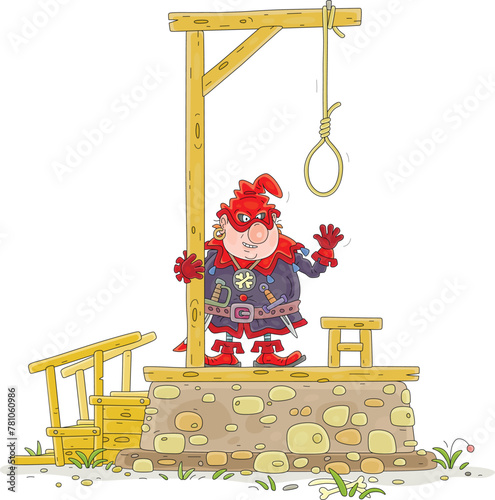 Angry executioner hanger of highwaymen with a wicked grin near an execution block with a gibber prepared for execution of condemned, vector cartoon illustration isolated on white