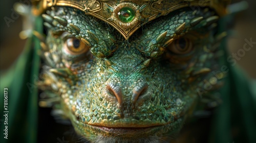  A green creature wearing a gold crown and a green scarf