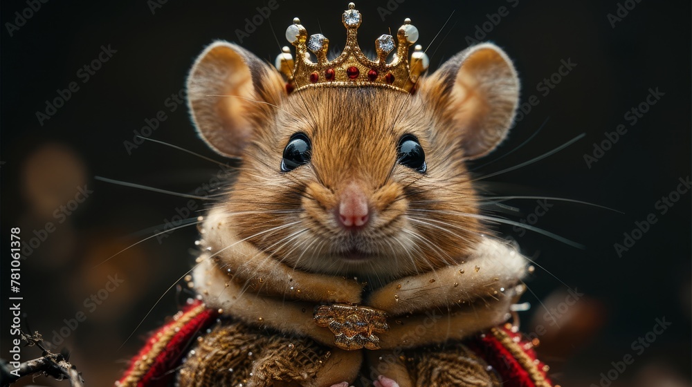   A picture of a mouse with a crown on its head and a chain around its neck