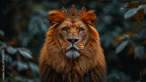   A close-up photo of a regal lion wearing a crown on its forehead surrounded by lush foliage in the background