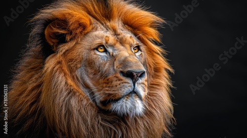   Close-up of a lion's face on a dark background with a blurry appearance on the animal's face