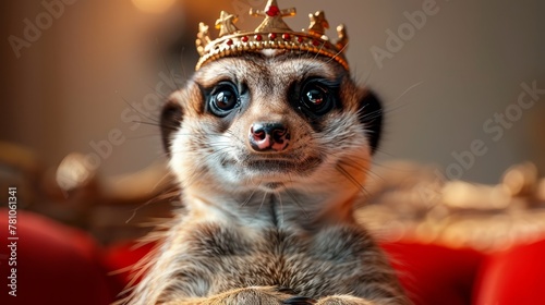  A clear photo of a little animal with a crown adorned on its head, set against a bright red couch as the backdrop