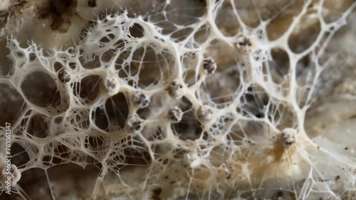 An image of mature mycelium with a large of sporebearing structures fruiting bodies visible at its center. These will eventually release . AI generation. photo