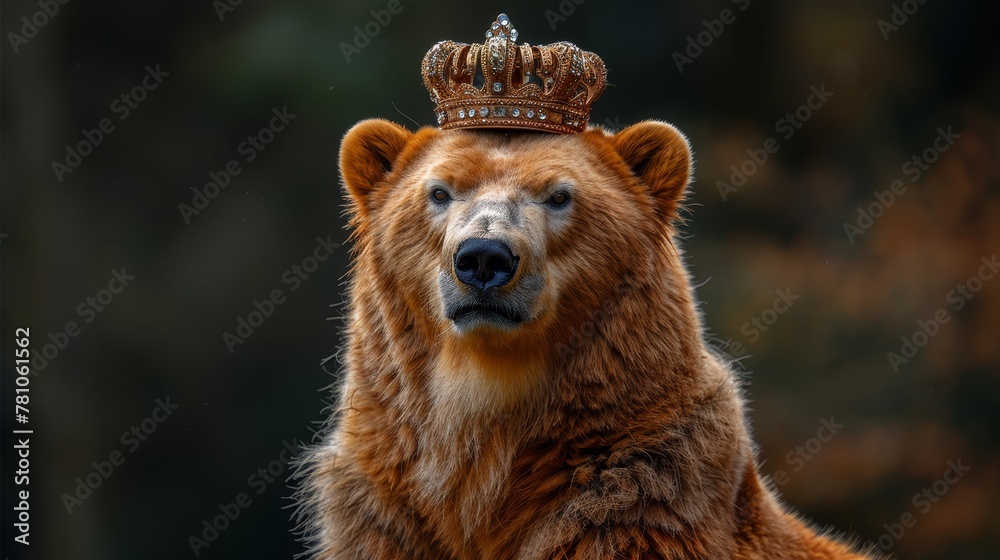 Naklejka premium Brown bear wearing crown in blurry forest background