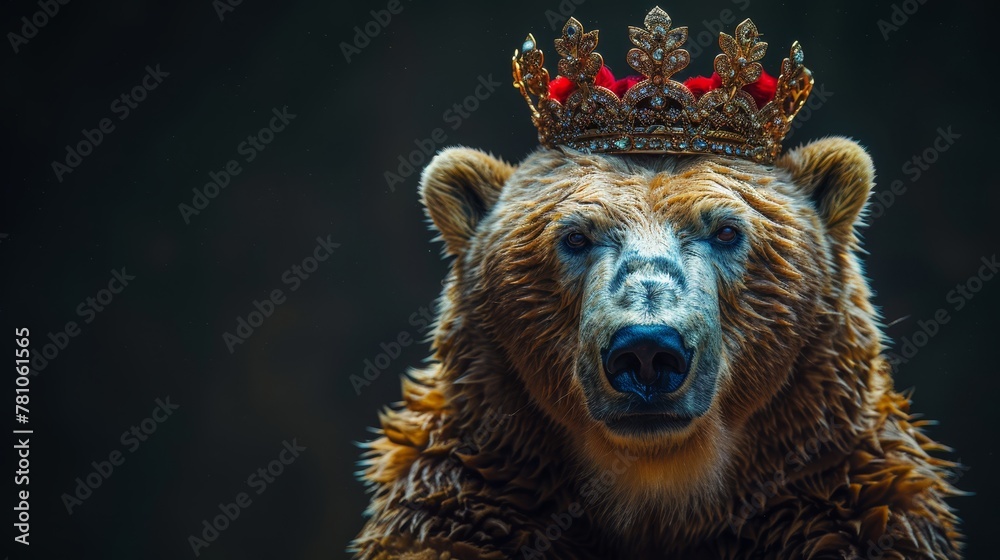 Obraz premium A bear wearing a crown on its head against a black backdrop