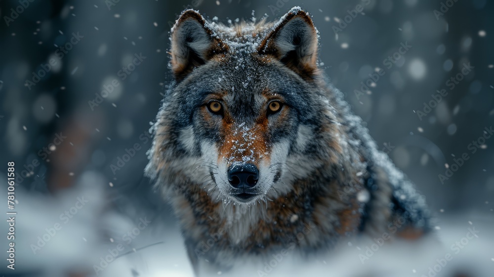 A close-up wolf in snow with open eyes and tilted head A close-up wolf in snow with open eyes and tilted head