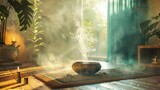 Mystic room with smoking incense bowl. Spiritual and atmospheric room with smoke from an incense bowl, evoking a sense of ancient tradition and relaxation