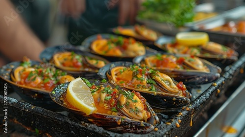 Grilled mussels with lemon slices