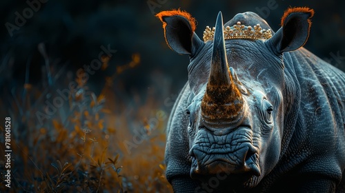   A regal rhino adorned with a crown stands proudly amidst tall grass, gazing intently into the lens photo