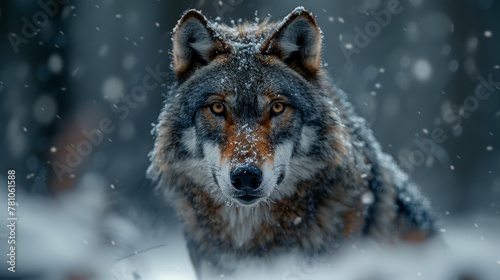   A close-up wolf in snow with open eyes and tilted head © Shanti