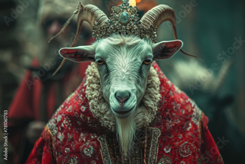Portrait of a goat's head wearing a catholic pope's dress