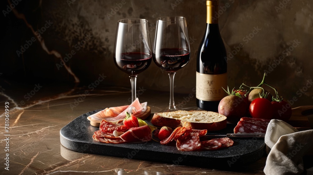 Sophisticated charcuterie and wine composition. This scene of charcuterie selection paired with fine wine suggests an upscale dining experience, perfect for a connoisseur Sophisticated charcuterie and wine composition. This scene of charcuterie selection paired with fine wine suggests an upscale dining experience, perfect for a connoisseur
