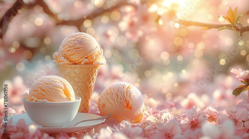   Three scoops of ice cream in a bowl on top of a saucer stacked five times on a pink flower background