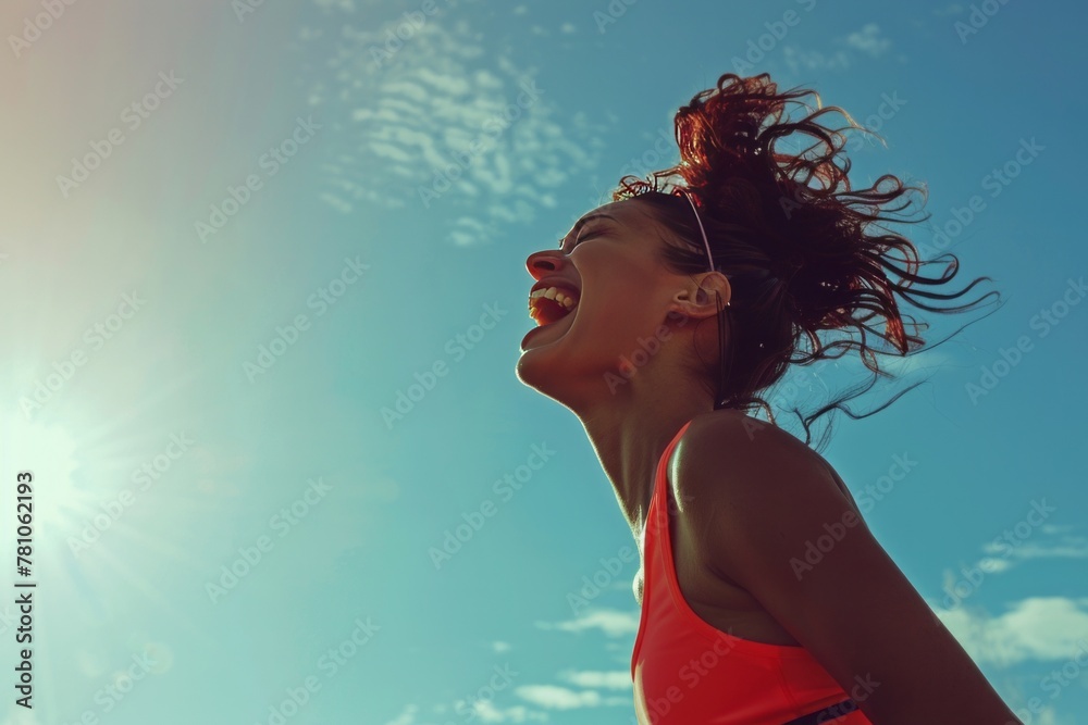 Happy and sweating american woman after exercise training, running or workout. Workout clothes