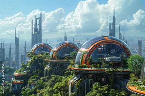 Graphic illustration of futuristic solar panels integrated into urban landscapes, Futuristic eco-friendly architecture with greenery-covered domes among towering skyscrapers, against a backdrop.