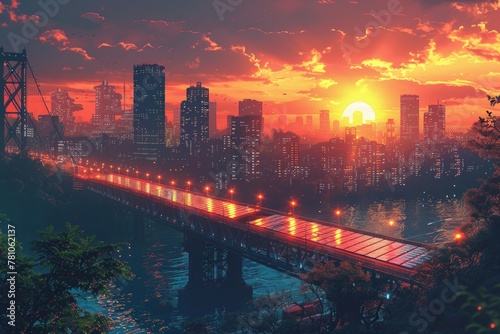 Sunset casts golden hues over cityscape, glowing bridge leads to bustling urban area, civilization coexist peacefully. Graphic illustration of futuristic solar panels integrated into urban landscapes