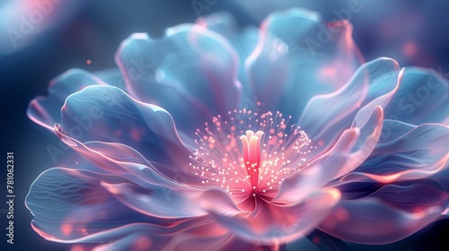  A close-up photo of a vibrant blue bloom set against a backdrop of blue and pink hues, with a soft focus on the flower's interior