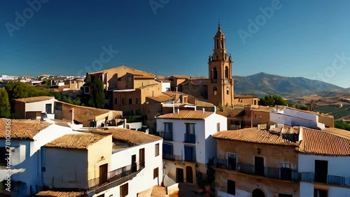 A small Spanish town with a church in the middle and white houses with tiled roofs.