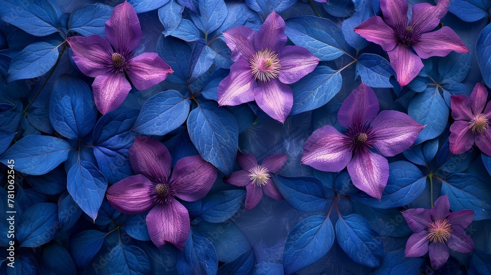   A group of purple and blue flowers with green leaves on top and bottom of the petals