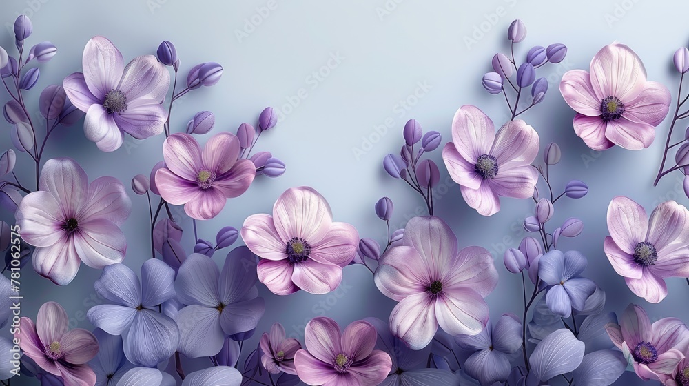   A stunning painting featuring vibrant pink and purple flowers on a serene blue background, accented by a subtle blue wall in the center - obrazy, fototapety, plakaty 