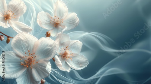  A focused white flower against a blue backdrop, with a smeary depiction of the petals in the background
