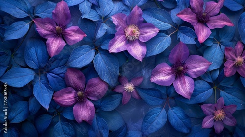   A group of purple and blue flowers with green leaves on top and bottom of the petals © Shanti