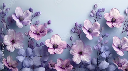   A stunning painting featuring vibrant pink and purple flowers on a serene blue background, accented by a subtle blue wall in the center