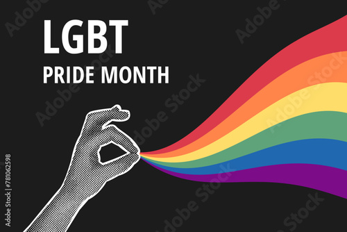 Trendy halftone collage on dark background. Hand with rainbow. LGBT rights campaign Colorful rainbow.Gender, diversity, unity concept. Vector flat illustration for poster, postcard, banner, sticker.