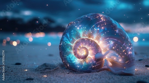 Fibonacci Seashell Spiral, iridescent hues, resting on a sandy beach under a starlit sky, embodying divine mathematical