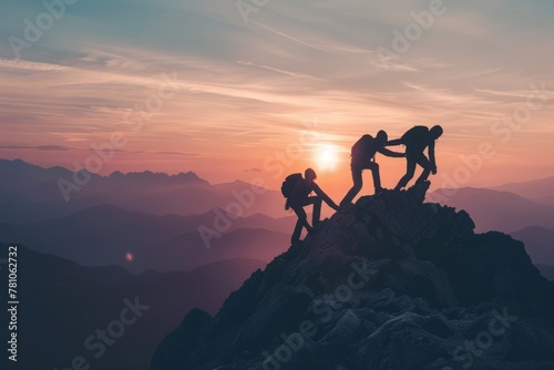 Landscape photo of three people teamwork friendship climbing the mountain, help each other trust assistance, silhouette in mountains, sunrise, gradient sky, captivating lighting © Bi