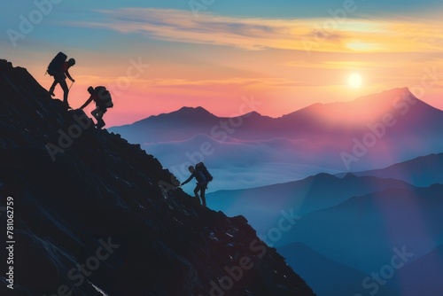 Landscape photo of three people teamwork friendship climbing the mountain, help each other trust assistance, silhouette in mountains, sunrise, gradient sky, captivating lighting 