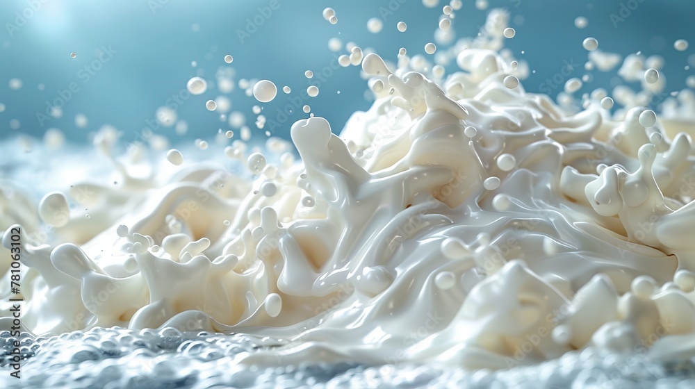 A vast amount of milk is being spilled onto a blue background with white bubbles in a liquid A vast amount of milk is being spilled onto a blue background with white bubbles in a liquid
