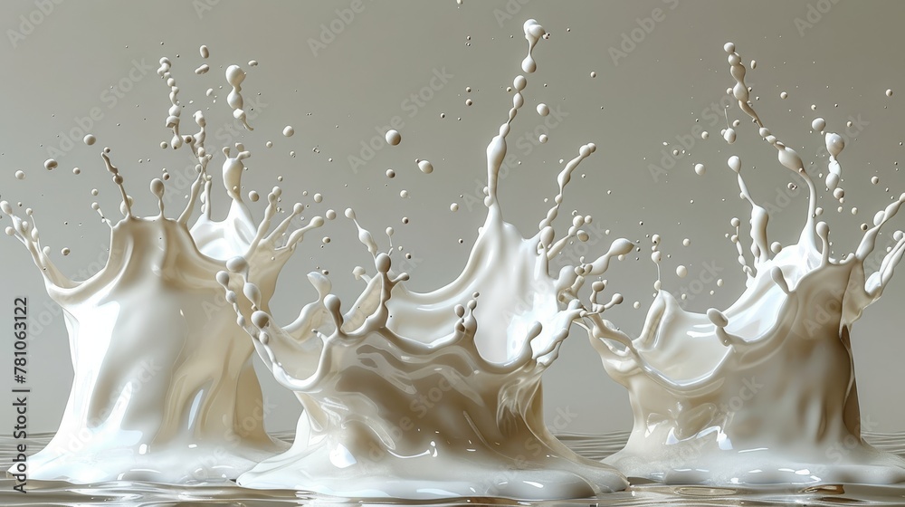 Milk splashing into gray and white background with water foreground Milk splashing into gray and white background with water foreground