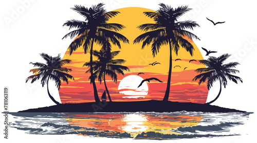 Fototapeta Naklejka Na Ścianę i Meble -  Sunrise on the beach palm tree silhouette flat vector