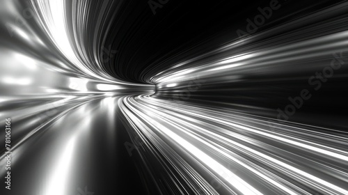  A monochrome image of a tunnel with a beam of light shining from the end