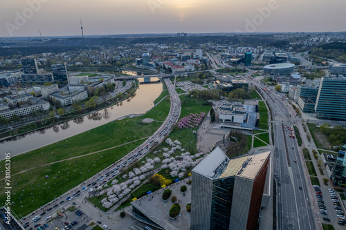 Aerial spring view of sakura blooming in Vilnius downtown, Lithuania