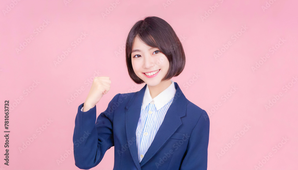 Young oriental woman with short hair doing a fist pump Young oriental woman with short hair doing a fist pump