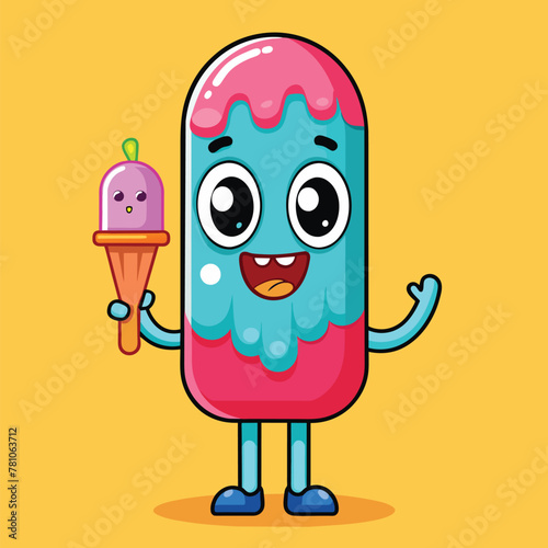 Cute popsicle eating ice cream cone cartoon vector icon illustration. food summer icon isolated