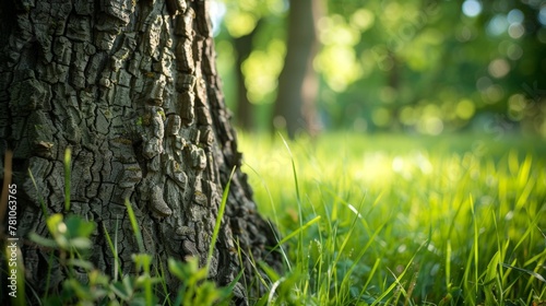 A close-up of the textured bark of a tree in a lush green meadow