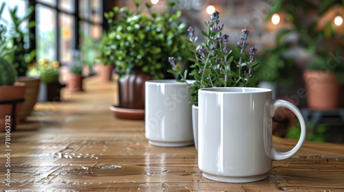  A pair of white coffee mugs sit atop a wooden table, surrounded by potted plants also on a wooden table
